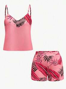 2 piezas Conjunto de top de tirantes y shorts estampados con plantas para mujeres - Rosa - Ver 3