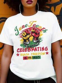 Juneteenth: Celebrando la Libertad Negra 6 de 19 de 1865 Camiseta con Estampado de Puño con Cadenas para la Celebración de Juneteenth - Blanco - Ver 6
