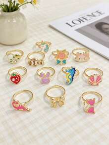 36pcs/24pcs/12pcs Zinc Alloy Rings, 3D Sculpture Design, Adjustable Opening, Oil Painting Technique For Long-Lasting Color, Gift Box Packaging For Celebrations, Loose Packing For Daily Wear & Costume Parties - Multicolor - View 25