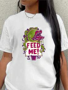 Lightweight And Durable Short-Sleeved T-Shirt With A Plant Print And The Phrase "Feed Me," Perfect For Lounging At Home Or Dining Out, Offering Everyday Comfort. Women's Blouses > Clothing - 白色 - 查看 7