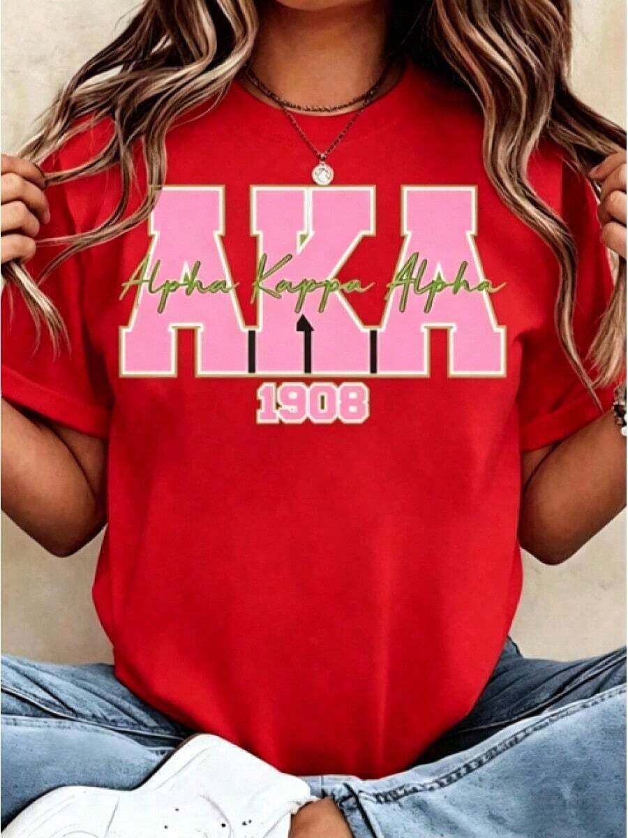 Simple And Versatile Design Mexican Casual Basic Loose Fit T-Shirt, New Summer Collection, Women's T-Shirt With Alpha Alpha AKA 1908 Sorority Print, Round Neck, Short Sleeve, Casual Top, Gift For College Students, New Release Cotton T-Shirt - 白色 - 查看 1