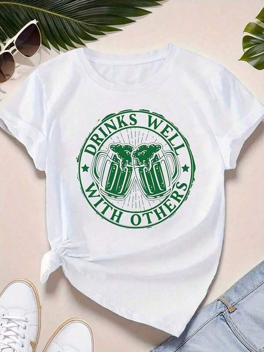 Camiseta de manga corta con cuello redondo y estampado para mujer Bebe Bien Con Otros S-3XL moda, cómodo y transpirable unio lavable a máquina