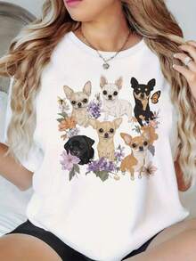 2026Una pila de perros Chihuahua Impresión Camiseta es versátil, fácil de mantener y cómoda, camiseta casual para damas para todas las estaciones2026 - Blanco - Ver 10