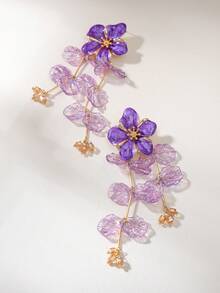 一对金属合金彩色珐琅滴油雏菊花瓣长款吊坠耳环,夏季海滩度假风,持久不褪色,紫色花瓣耳环,适合女性日常佩戴、度假、旅行。 - 紫色 - 查看 2