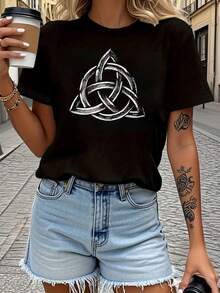 T-Shirt With Graphic Print Of Three Celtic Knots With Christian Themes, Short Sleeve, Round Neck, Casual Style For Summer And Spring, Women's Clothing. - 黑色 - 查看 8