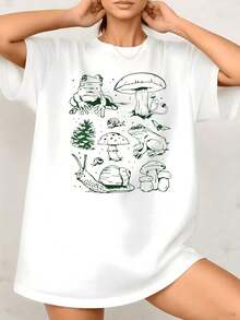 Women's T-Shirt With Frog And Mushroom Graphic Print, Forest Creature Design, 100% Cotton, Crew Neck, Casual Cottagecore Style, 1 Piece. Excellent Gifts For Friends And Family. - 白色 - 查看 1
