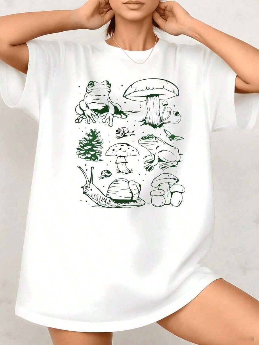 Women's T-Shirt With Frog And Mushroom Graphic Print, Forest Creature Design, 100% Cotton, Crew Neck, Casual Cottagecore Style, 1 Piece. Excellent Gifts For Friends And Family. - 白色 - 查看 1