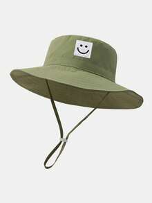 1pc Kids Sun Protection Hat With Wind Cord, Minimalist Solid Color Or Cartoon Print Design, Lightweight Breathable Bucket Hat, Suitable For Beach, Travel And Daily Use - 1PC -  Face - View 10