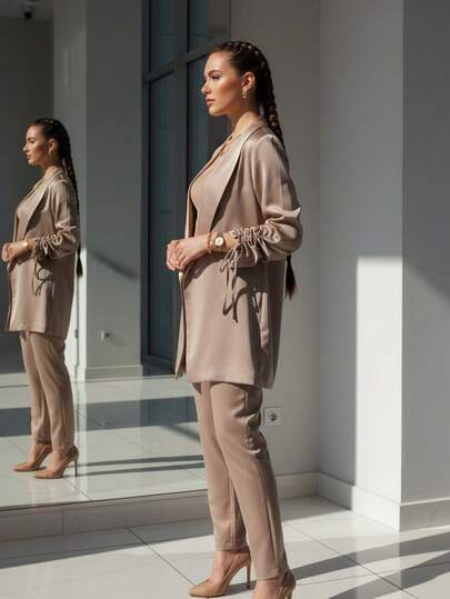 Jachetă lungă cu mâneci încrețite, elegantă pentru birou și casual