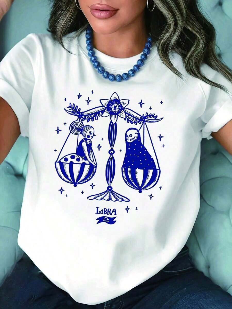 Pure Cotton T-Shirt, 2026 Style - Zodiac Series Print T-Shirt With Letter Patterns, White Short-Sleeved Crew Neck T-Shirt - Machine Washable, Suitable For Spring, Summer And Autumn, Casual Style, Comfortable Fit, Y Design. Women's Casual Short-Sleeved T-Shirt, Standard Size, Basic T-Shirt - Vintage T-Shirt. - 白色 - 查看 1