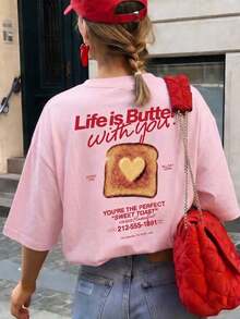 1 Women's Summer T-Shirt, Round Neck, Short Sleeve, White With English Letter Print, Casual Loose Fit, Comfortable To Wear In Summer, Suitable For Beach, Street, Daily Activities, Work, Office, Parties And Other Occasions. - 粉色 - 查看 1