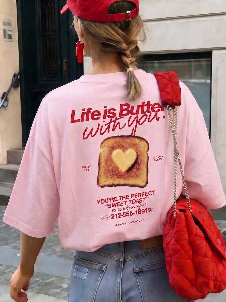 1 Women's Summer T-Shirt, Round Neck, Short Sleeve, White With English Letter Print, Casual Loose Fit, Comfortable To Wear In Summer, Suitable For Beach, Street, Daily Activities, Work, Office, Parties And Other Occasions. - 粉色 - 查看 1