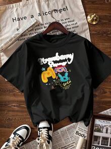 T-Shirt With Three Rabbit Faces And The Text "Strawberry," A  Short-Sleeved T-Shirt For Spring And Summer 2026, Made In Mexico, 180 Grams. Cartoon Print, Couple Design, Suitable For Indoor Or Outdoor Wear. Crew Neck, Unisex, Ideal For The Office And Leisure. One-Pack. - BK-P631577SLNDXZGY638 - 查看 4