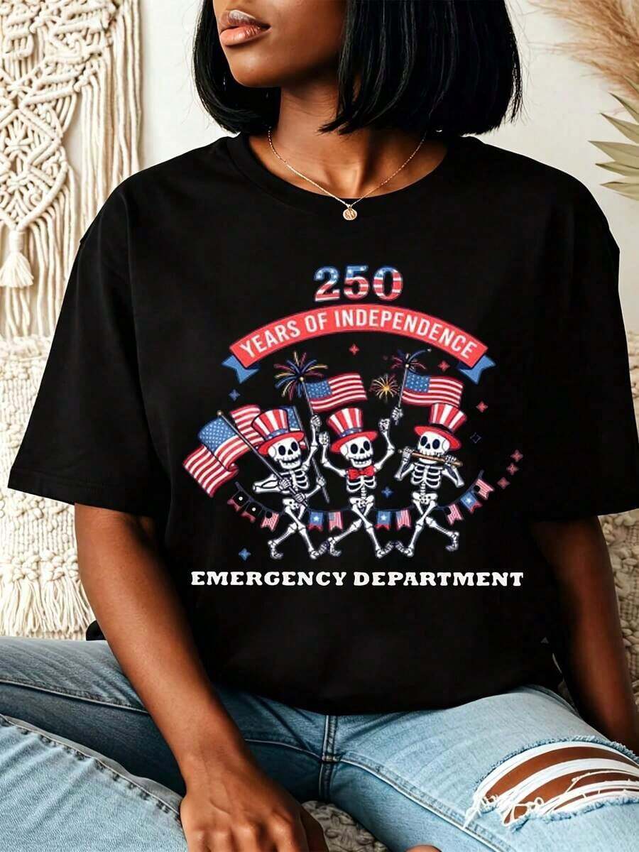 [250th Anniversary T-Shirt] Women's 250 Years Of Care Semiquincentennial Since 1776 American Flag Stethoscope Design Casual Round Neck T-Shirt For Summer And Fall Perfect Gift For Nurses Doctors And Healthcare Workers,Perfect Gift For Patriotic Lovers And Independence Day Enthusiasts,Independence Day Celebration Apparelwomen's T-Shirts - 黑色 - 查看 1