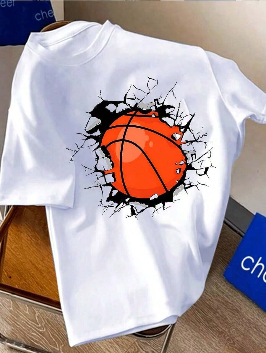 Casual Crew Neck T-Shirt For Boys, Made Of High-Elastic Polyester With Geometric Basketball Print, Regular Fit For Teenagers, Autumn Collection, Sportswear, Knitted, Breathable, Short Sleeve, Youth Sportswear. - 白色 - 查看 1
