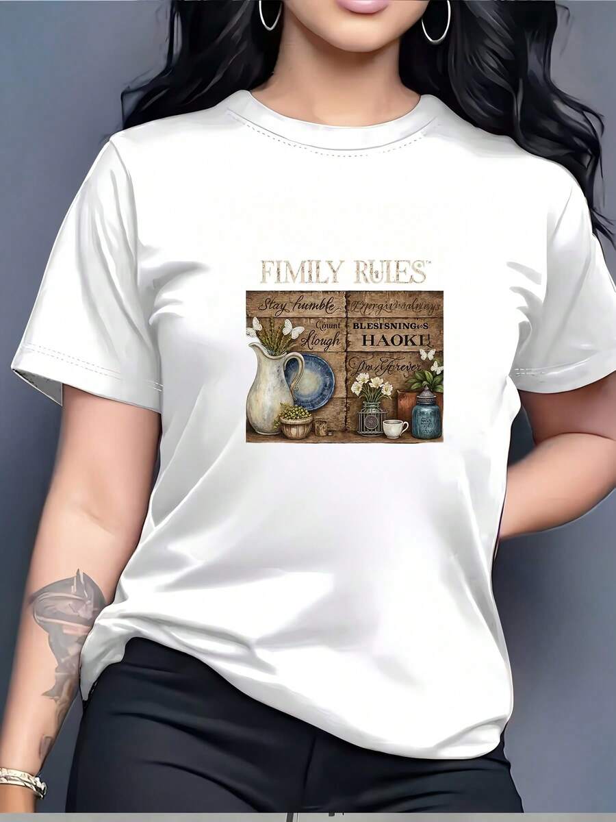 Women's T-Shirt "Family Rules" 180G - Perfect For Team Building Gifts, Christmas Gifts And Casual Wear | Soft T-Shirt For Work Meetings And Family Fun | Stay Humble, Laugh With Constant Joy, Shop Till You Tired. - 白色 - 查看 1