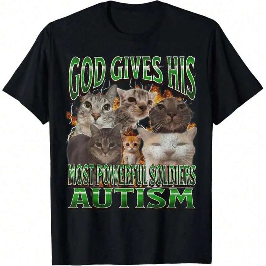 Cotton Gift T-Shirt God Gives His Most Powerful Autism, Funny Cat Meme, Pirate T-Shirt, Cotton Casual Wear, Streetwear For Men 7UQK UBKW Z7ZG - 黑色 - 查看 1