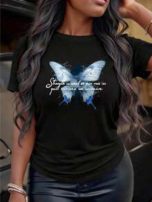 Under The Radar Women's Crew Neck T-Shirt With Custom And Interesting Print, "Strength Is What We Win And Love Is What We Survive" With Butterfly Graphic, Ideal For Gifts - Vintage Urban Style, Unisex, Cotton, Short Sleeve, Crew Neck. - 黑色 - 查看 3