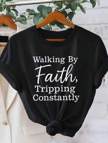 Women's Casual Sports T-Shirt With Faith Quote Design - Black Knotted T-Shirt, Elastic And Round Neck, Machine Washable, Comfortable Fit For All Seasons, Casual Clothing With Inspirational Message. - 黑色 - 查看 6