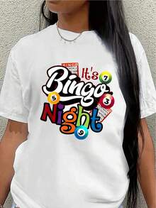 Camiseta de manga corta de poliéster, estampada con un divertido diseño de bingo, adecuada para uso casual en casa o en restaurantes, ligera y duradera, ideal para noches de juegos y actividades de ocio.blusa casual mujer - Blanco - Ver 7