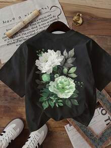 [Double-Sided Print] Fashionable Women's Top, Summer Clothes For Women, Cool Style With Green Peony Leaf Print, Round Neck, Short Sleeve T-Shirt, Winter Clothes For Women - 黑色 - 查看 4