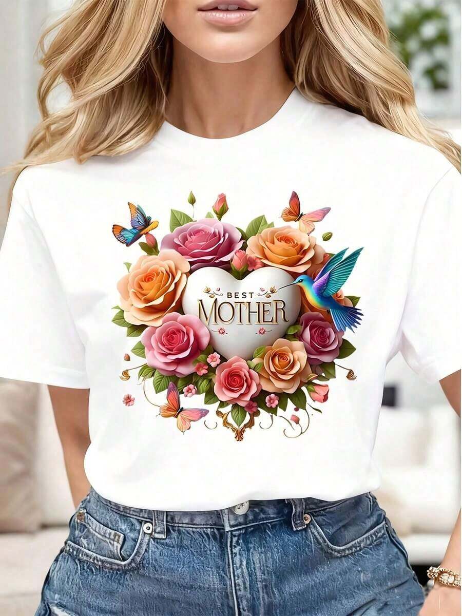 Limited Time Offer, Limited Quantity Available, Lightning, Women's Shirts, Women's T-Shirts. Women's Casual T-Shirt With Floral Heart Print With Butterflies And Birds, "Best Mom", Soft And Comfortable, Gift For Mother's Day Or Birthday. - 白色 - 查看 1