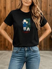Camiseta Deportiva Casual para Mujer con Diseño de Personaje de Cartoon Colorido - Camiseta Negra Elástica de Cuello Redondo, Lavable aáquina, Ajuste Cómodo y Apta para Todas las Estaciones, para un Look Divertido y Casual. - Negro - Ver 6
