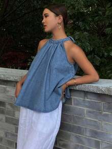 Top corto sin mangas de denim con corbata en el cuello para mujer - Azul lavado medio - Ver 9