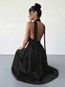 High-Waisted Midi Dress With A V-Neck And Open Back, In A Vintage French Polka Dot Style, Suitable For Valentine's Day, Concerts, Performances, Dates, Banquets, Weddings, Sexy, Elegant, Back To School, Vacation, Beach, Romantic - 黑色 - 查看 5
