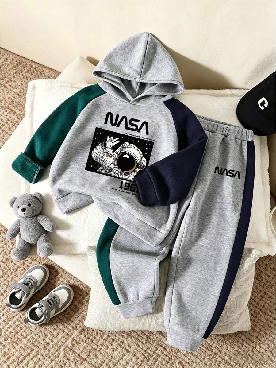 Tween Boy Cartoon Print Warm Hoodie And Sweatpants Set - Grey - View 1