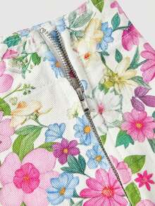 MOD Minifalda vaquera plisada con estampado floral, versátil para citas y salidas de las mujeres - Multicolor - Ver 3