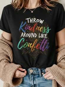 Women's Casual T-Shirt With Round Neck And Letter Print, Comfortable And Casual, Made Of Soft Fabric, Classic Design, Versatile For Everyday Wear, Comfortable Fit, Suitable For All Seasons, Perfect For Casual Outings. - 黑色 - 查看 6
