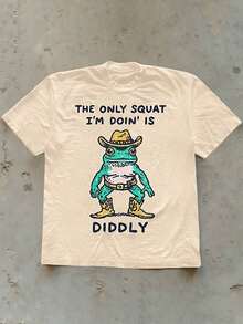 Short-Sleeved T-Shirt With Round Neck And Letter And Frog Print, Casual For Summer. Y2K Style Sportswear, Round Neck, 100% Cotton, Soft Fabric, Short Sleeve. - 杏 - 查看 8