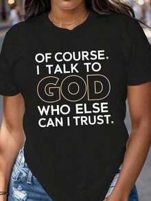 Camiseta Elegante para Mujer con Estampado de Letras 'Believe In God' en Negro, Blanco y Amarillo, Cuello Redondo, Manga Corta - Negro - Ver 1