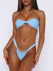 Satin Knot Bikini Set  Metal Buckle Bandeau Top  High Cut Swimsuit - 藍色 - 查看 4