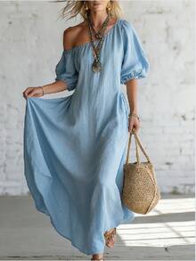 Vestido largo holgado y adelgazante de lino con hombros descubiertos y mangas farol para vacaciones europeas y americanas 2026 - Blanco - Ver 1