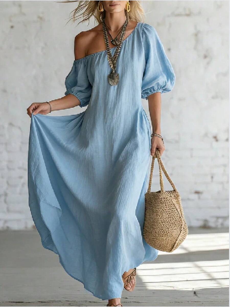 Vestido largo holgado y adelgazante de lino con hombros descubiertos y mangas farol para vacaciones europeas y americanas 2026 - Blanco - Ver 1