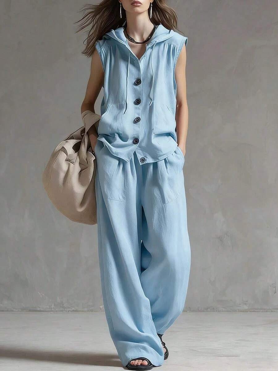 Fashionable Casual Two-Piece Set With Hood And Buttons, Sleeveless Top And Wide Leg Pants For Women - Light Blue - View 1