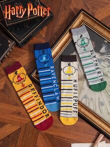 Noctvar OBM Sleepwear X Harry Potter 4雙哈利波特靈感巫師帽與學院標誌印花中筒襪，復古4學院配色，百搭休閒、派對、粉絲收藏，時尚舒適透氣學生襪，適合日常穿著、返校、節日禮物 - 彩色 - 查看 7
