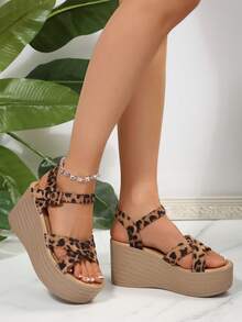 Wide Fit Plus Size Wedge Heel Sandals, Cross Leopard Print Adjustable Buckle Open Toe Sandals - Multicolor - View 6