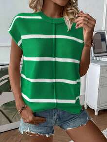 Chaleco de punto holgado de cuello redondo y hombros caídos sin mangas para mujer, suéter tipo cardigan de punto con bloque de color y rayas, para otoño/invierno - Verde - Ver 6