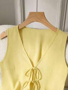 Set de 2 piezas de conjunto informal de mujer de unicolor con nudo, elegante para primavera/verano - amarillo ganso - Ver 6