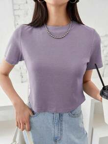 Camiseta de punto acanalado sólido, estilo "Old Money", Crop Tops, Ropa casual de negocios para mujer - Púrpura polvoriento - Ver 3