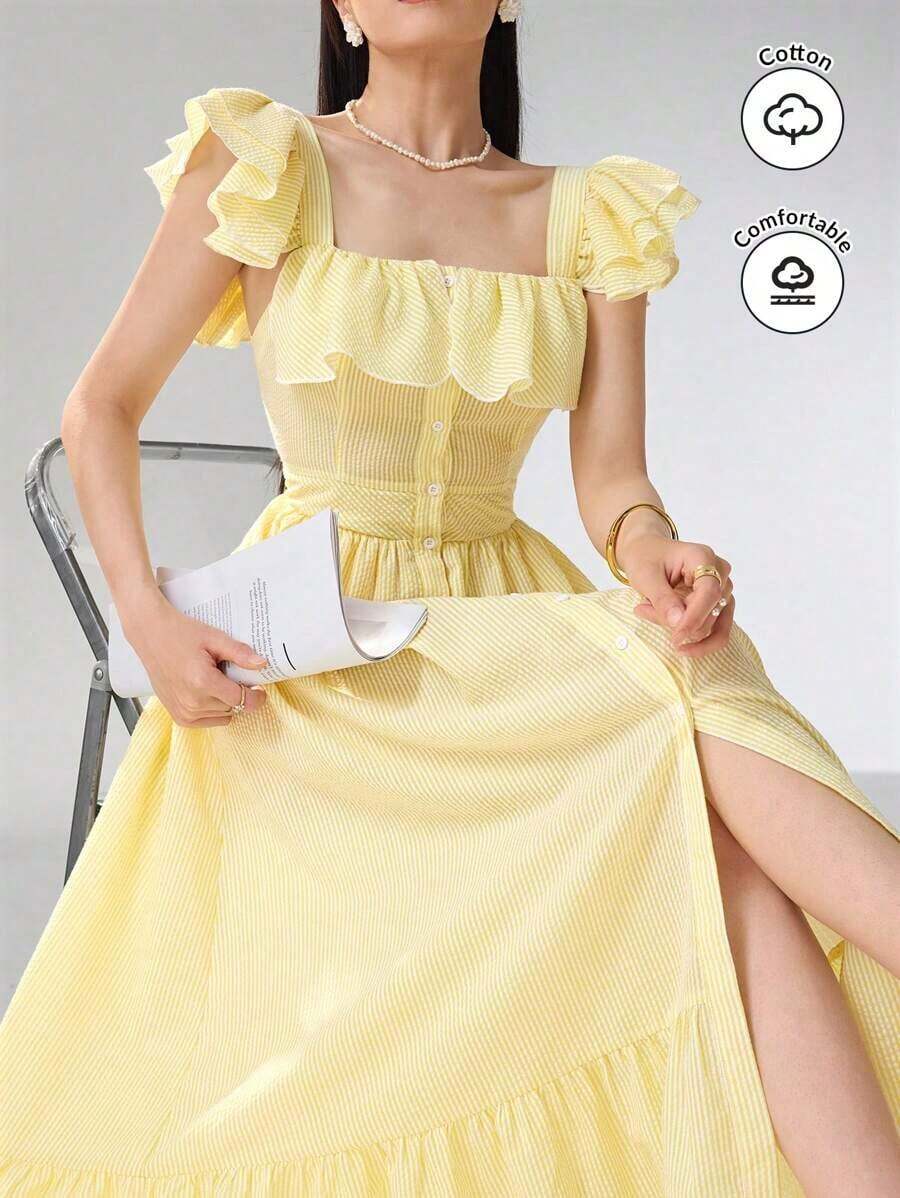 Vestido con cuello con volantes, abotonado, elegante y romántico para mujer - Amarillo - Ver 1