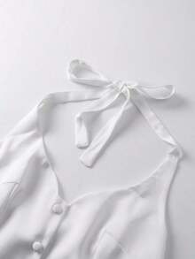 1 pieza Camiseta de tirantes finos de satén blanco sin espalda / Camiseta ajustada sexy y elegante de un solo pecho - Blanco - Ver 4