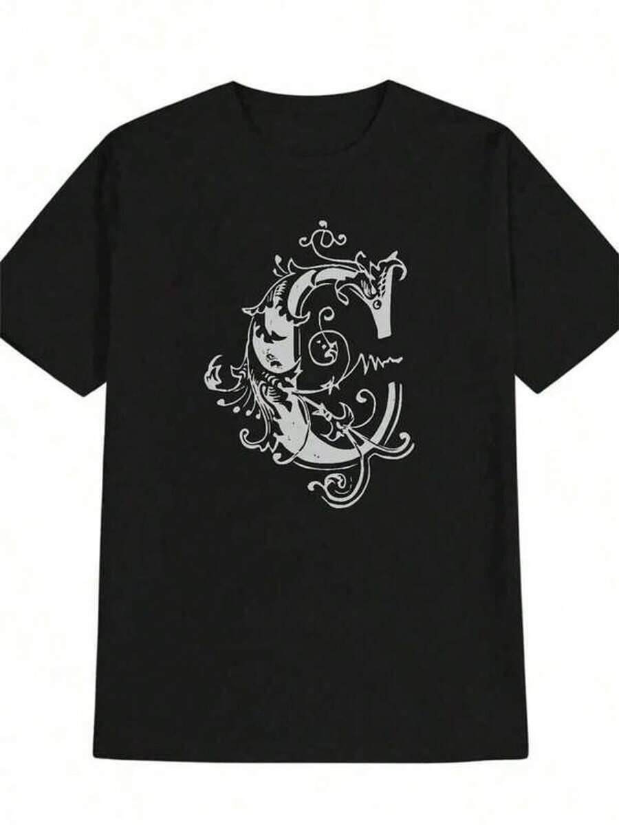 1 Camiseta Casual de Cuello Redondo para Hombre con Estampado de Letras Cursivas - Camiseta Gráfica en Blanco y Negro, Transpirable, para Verano, Lavable a Máquina, Corte Regular, Regalo Ideal para Hombres, 180g 100% Algodón - Negro - Ver 1