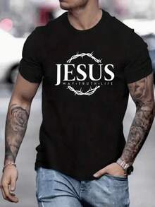 Camiseta de Verano de Manga Corta Impresa "JESUS" Marca de Moda Americana Impresión para Hombres Jóvenes Cuello Redondo Moda Casual Tops Todo Combinable Camisetas Deportivas al Aire Libre para Hombres - Negro - Ver 8