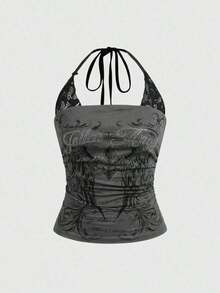 Conjunto de concierto Y2K para mujer, top corto de algodón con contraste de encaje y estampado de calavera punk en 2 en 1 - Multicolor 2 - Ver 6