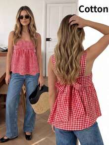 Camisa casual y versátil para uso diario con lazo y estampado de cuadros para mujer - Multicolor - Ver 2