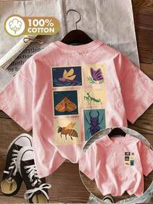 Moda Primavera/Verano [Estampado de Doble Cara] Camiseta de Algodón Puro para Mujer, Estilo Vintage, Estampado de Insectos, Libélula, Mariposa, Abeja, Casual, Cuello Redondo, Manga Corta, Top de Primavera/Verano.Apto para tallas grandes, top lindo, estilo retro Y2K, corte holgado.Suave y delicado con la piel - Negro - Ver 10